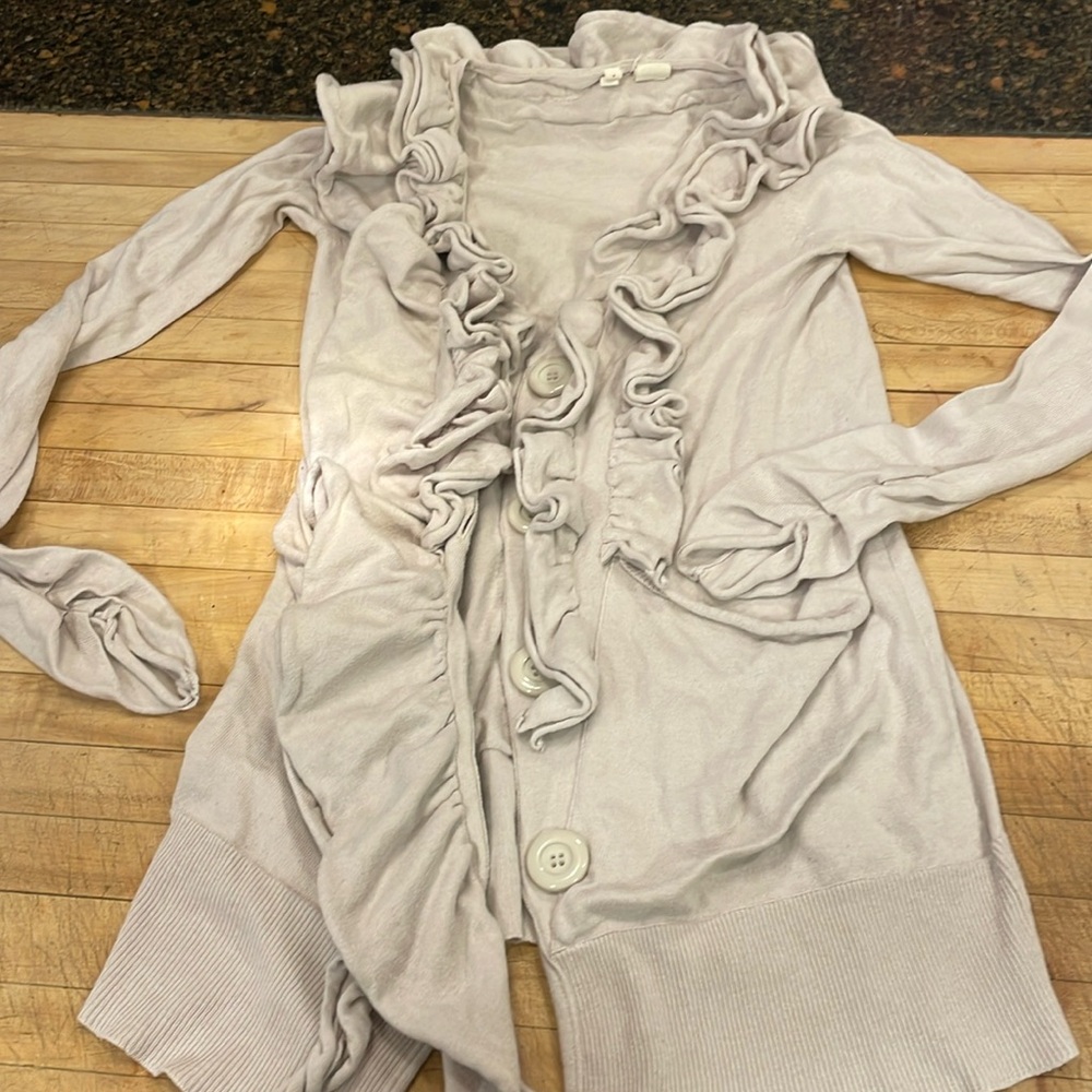 Moth Ruffled Button-Front Cardigan in Light Taupe